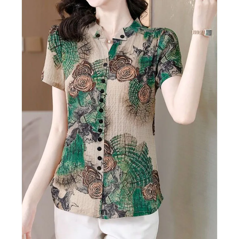 Vintage All-match Printed Short Sleeve T-shirt Women\'s Clothing Summer Casual Fashion Commute Button Spliced Slim Tops Female