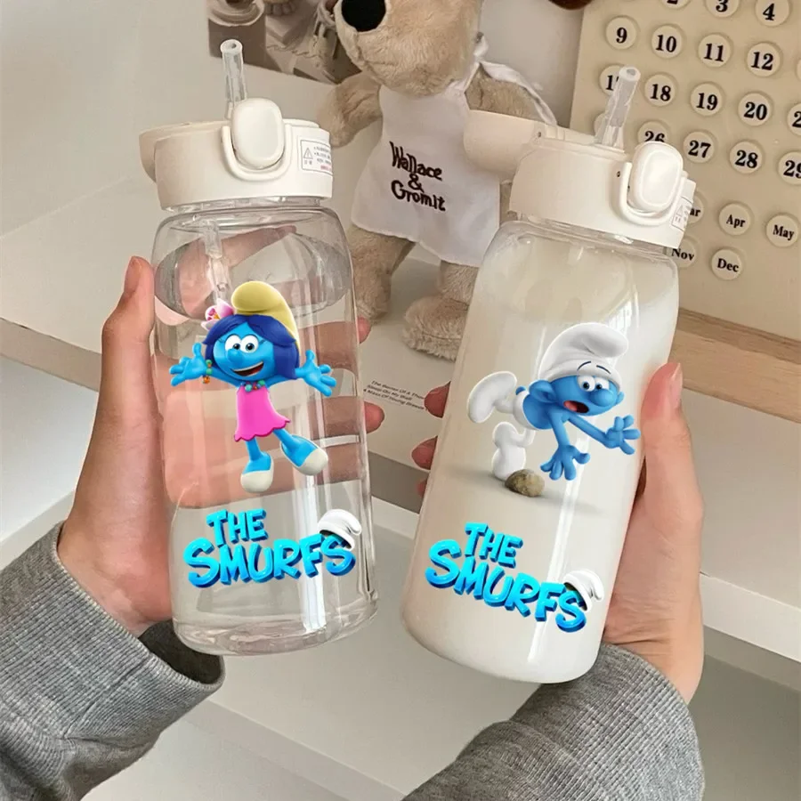 子供用ストロー飲料水ボトル、かわいいプラスチック、屋外旅行、スポーツカップ、スマーフシーズン、ポータブル、600ml