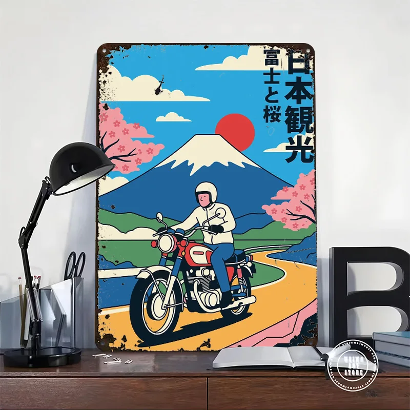 Motorcyclist Rides Past Mount Fuji Printed Poster Customized Retro Wall Art Vintage Metal Tin Signs for Home Decoration Luxury