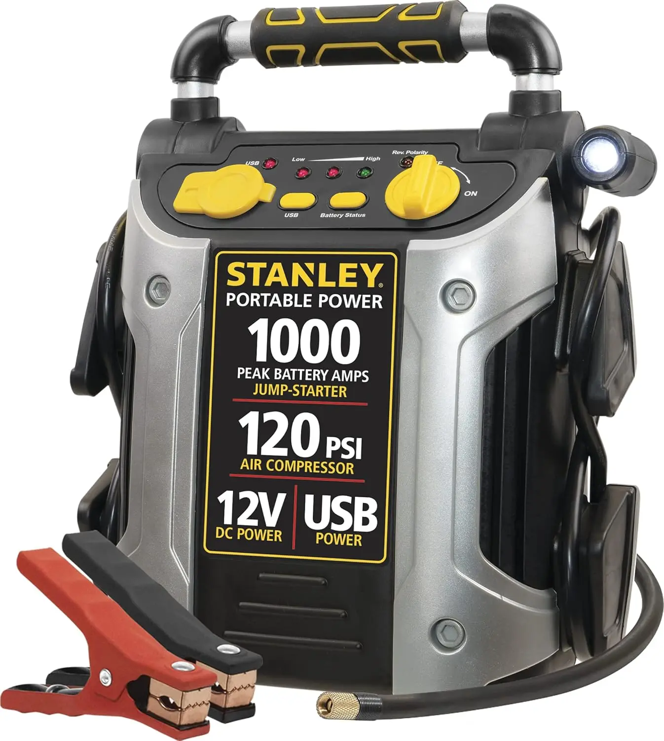 

STANLEY J5C09 Portable Power Station Jump Starter 1000 Peak Amp Battery Booster,120 PSI Air Compressor, USB Port, Battery Clamps