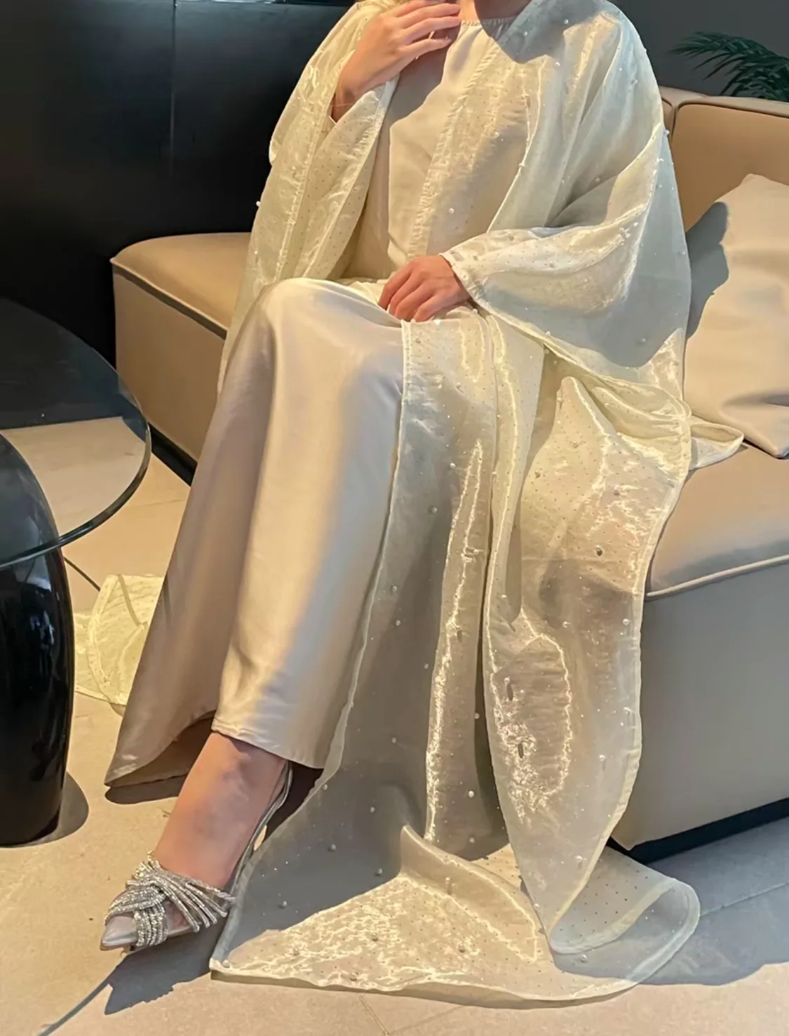 Ramadan Muslim Women Pearl Kimono Cardigan with Inner Dress 2 Piece Set Dubai Abaya Kaftan Turkey Evening Patry Gown Shiny Robe