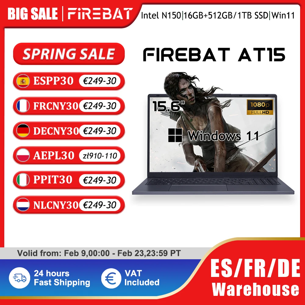 Firebat ordinateur portable AT15 15.6 pouces Intel N150 DDR4 16GB RAM 512GB 1 to SSD 1920*1080 Windows 11 ordinateur portable rétro-éclairé pavé tactile intégré