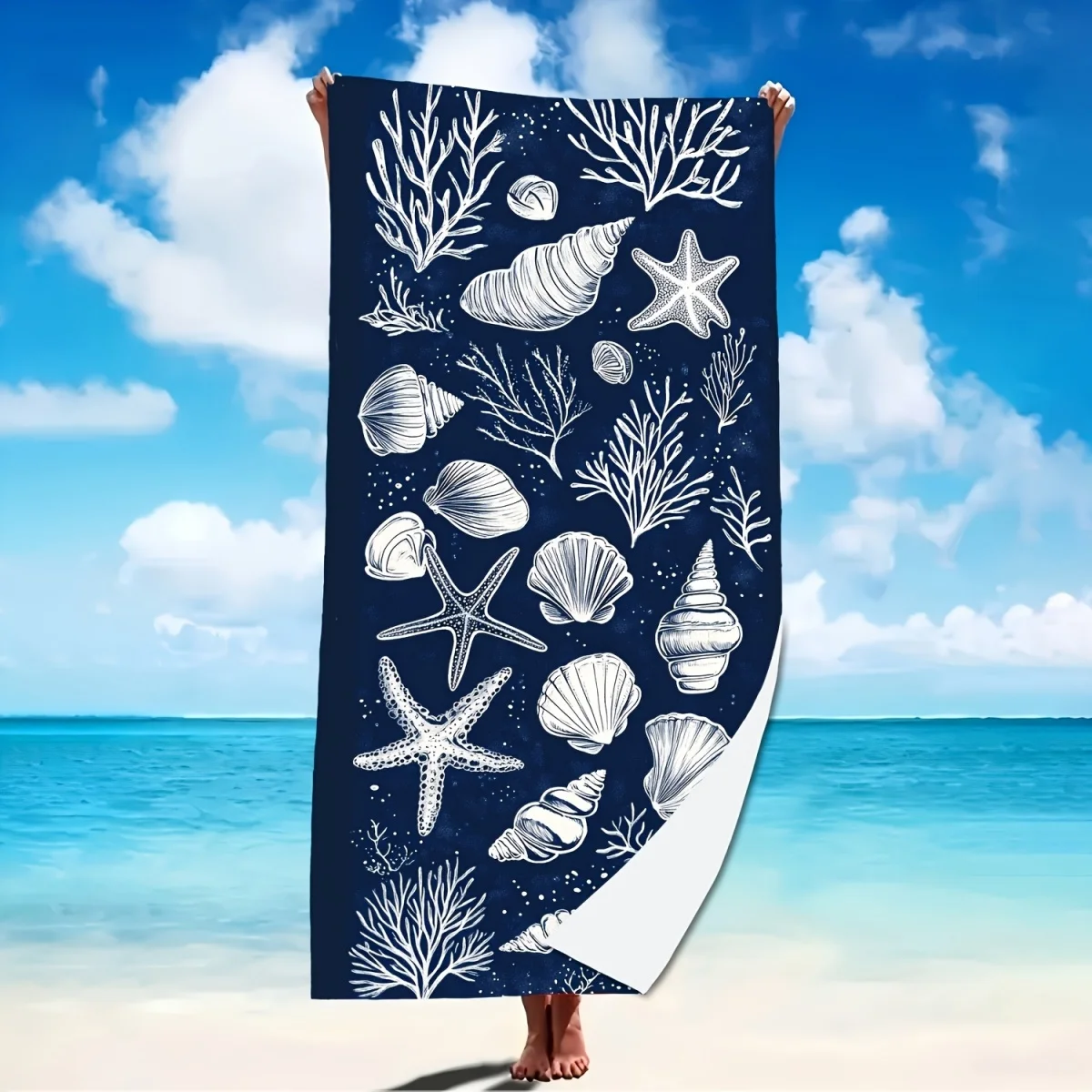 B16 Beach Towel Seashell Starfish Print Quick Dry Soft Absorbent Bath Towel Navy Ocean Summer Pool Beach Mat
