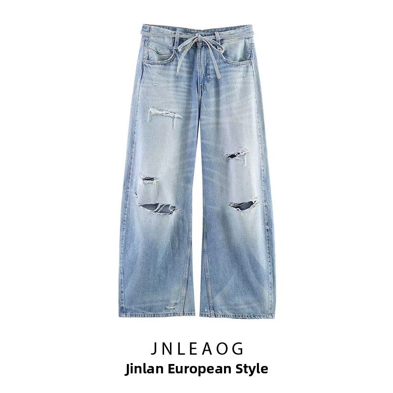 JNLEAOG Summer New Women's Fashion Hole Decoration Loose Jeans mid Waist Straight Leg Pants Micro Stretch Polyester Fabric