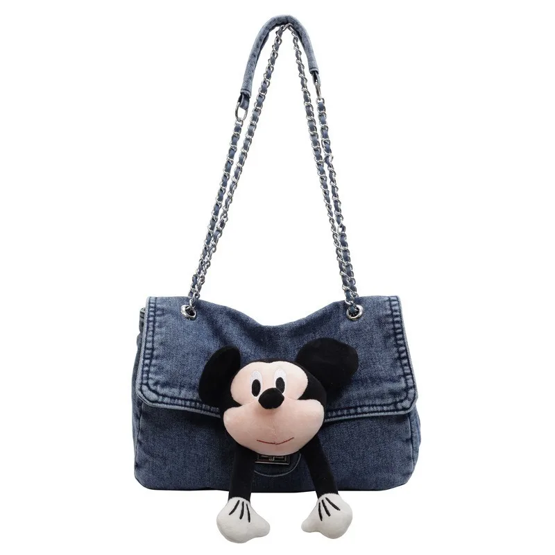 

Disney Mickey Mouse Crossbody Bag for Women and Girls Large Capacity Chain Strap Washed Denim Tote Bag for Daily Fashion Use