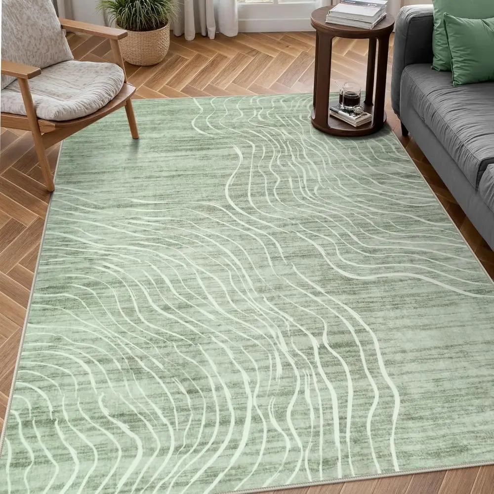 

Modern Abstract Area Rugs - 5x7 Sage Green, Washable for Living Room, Nursery, Bedroom, Non-Slip Minimalist Neutral Wave Striped