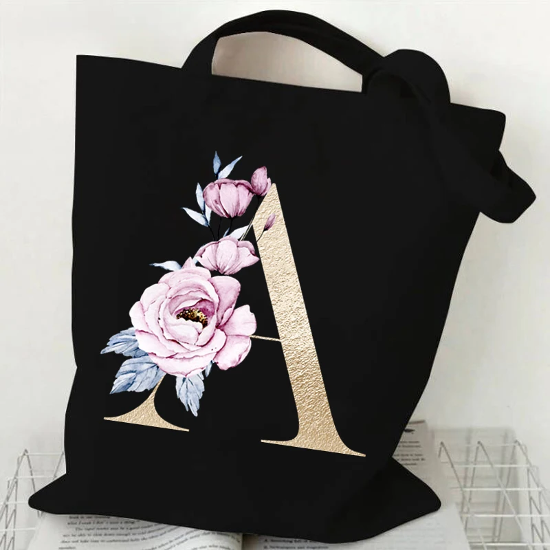 26 Initial Letter Rose Totes Bags Vintage A-Z Alphabet Women's Handbags Portable Ladies Shopping Bag Beach Travel Shoulder Bag