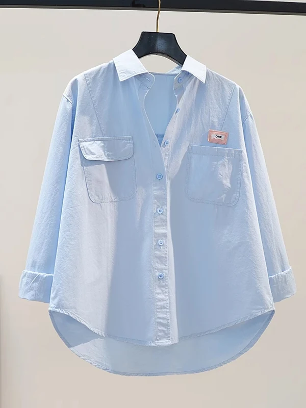 

Blue Women's Shirt Jacket Basic Loose Pure Color Casual Style Long Sleeve Stand Collar Printed Pattern Spring New Arrival