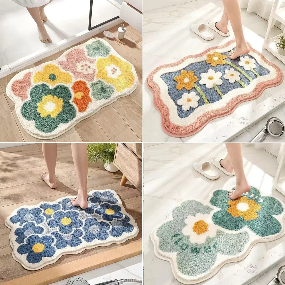 Soft Floor Mat Cute Floral Carpet Plush Carpet Home Entrance Carpets Bedroom Toilet Bathroom Door Absorbent Non-Slip Foot Pad