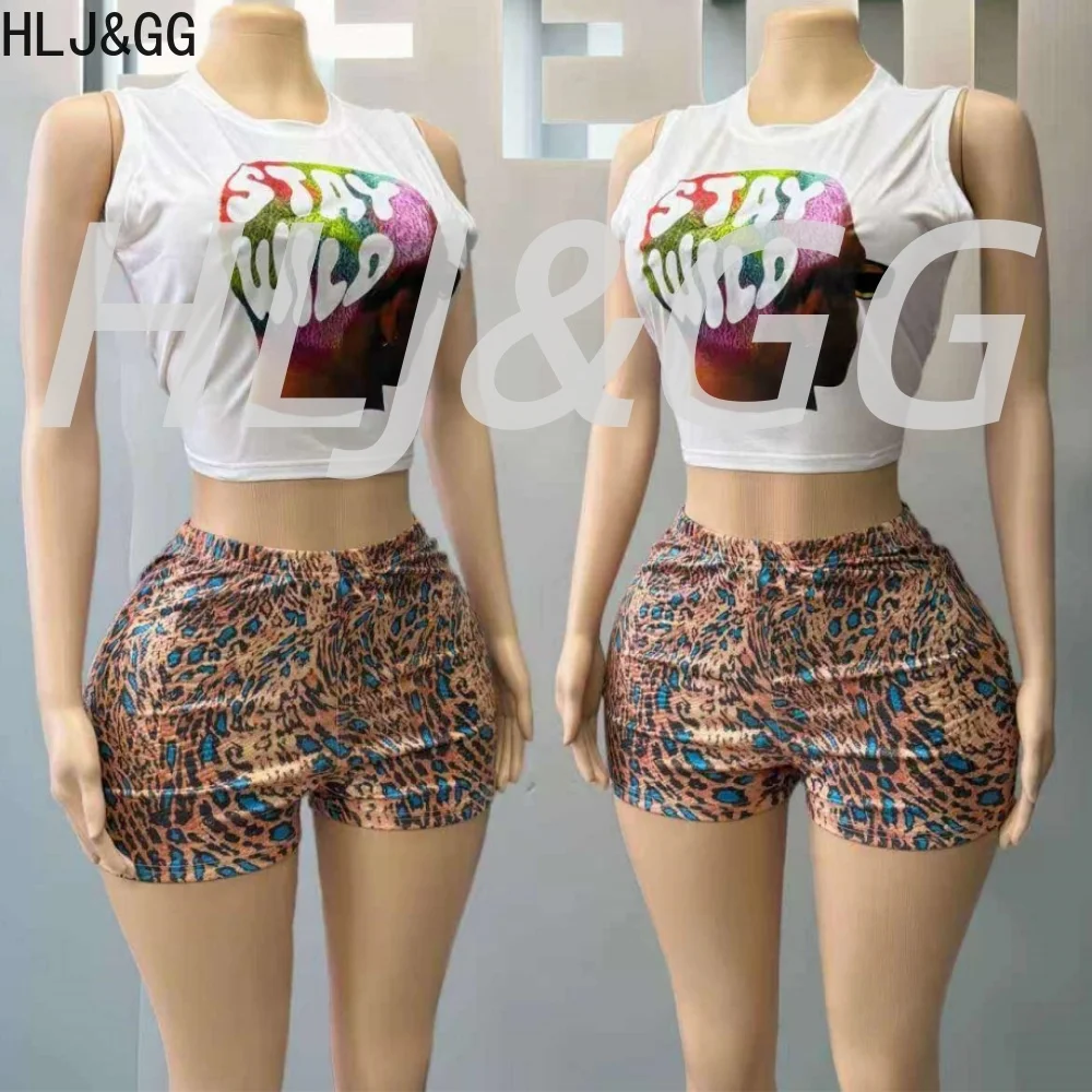 

HLJ&GG Fashion Leopard Print Shorts Two Piece Sets Women O Neck Sleeveless Slim Tank Top And Shorts Outfits Y2K 2pcs Streetwear
