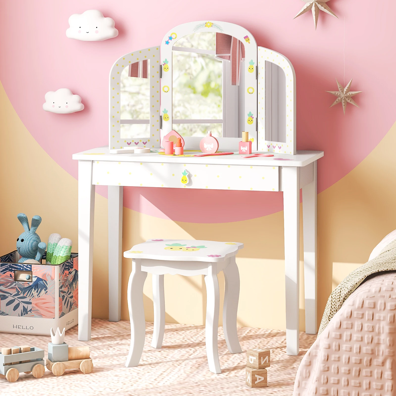 

Kids Vanity Table Set Tri-Folding Mirror Pretend Play Dressing Large Drawer