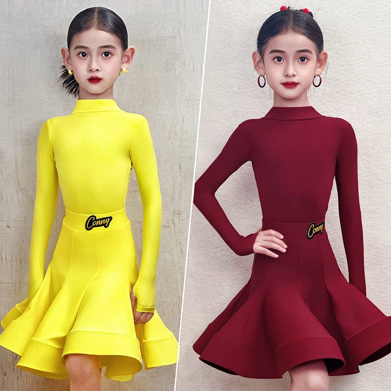 

Yellow Latin Dance Competition Clothes Children Long Sleeve Dance Performance Suit Girls Professional Dancing Stage Wear VBH2411