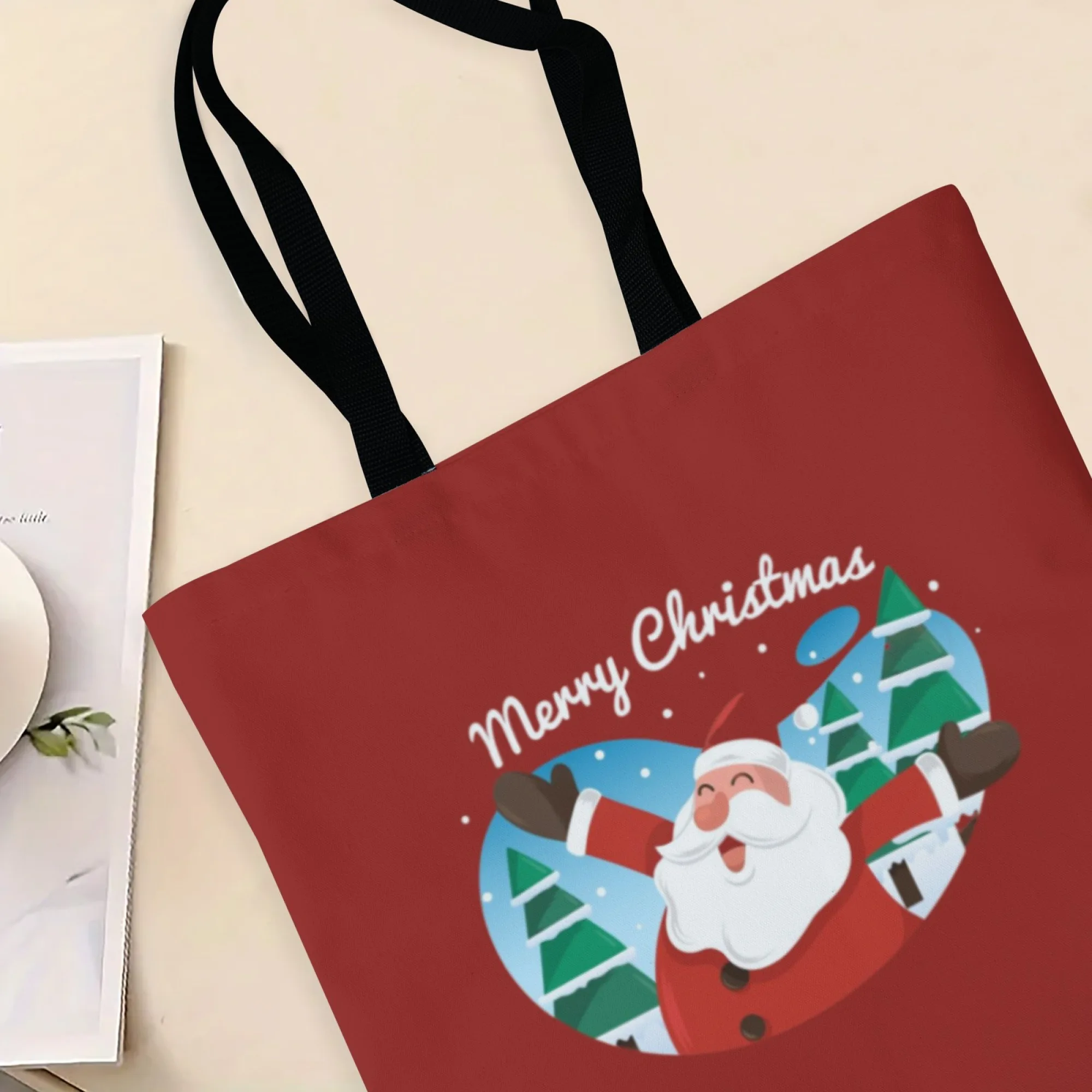 Christmas Style Canvas Tote Bag Red Santa Design Shoulder Bag for Women Large Reusable Suitable for Daily Commute Shopping