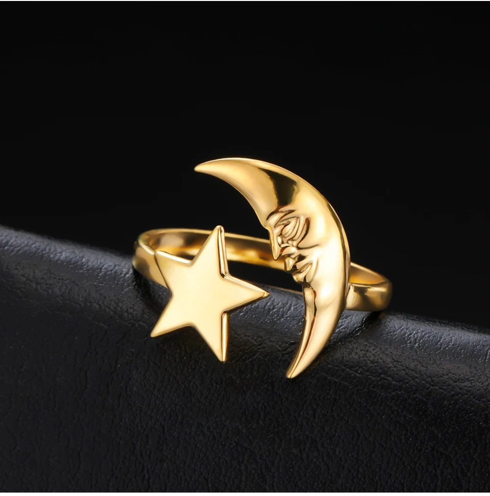 COOLTIME Star Moon Ring for Women Stainless Steel Trendy Minimalist Open Waterproof Ring Jewelry Gift New