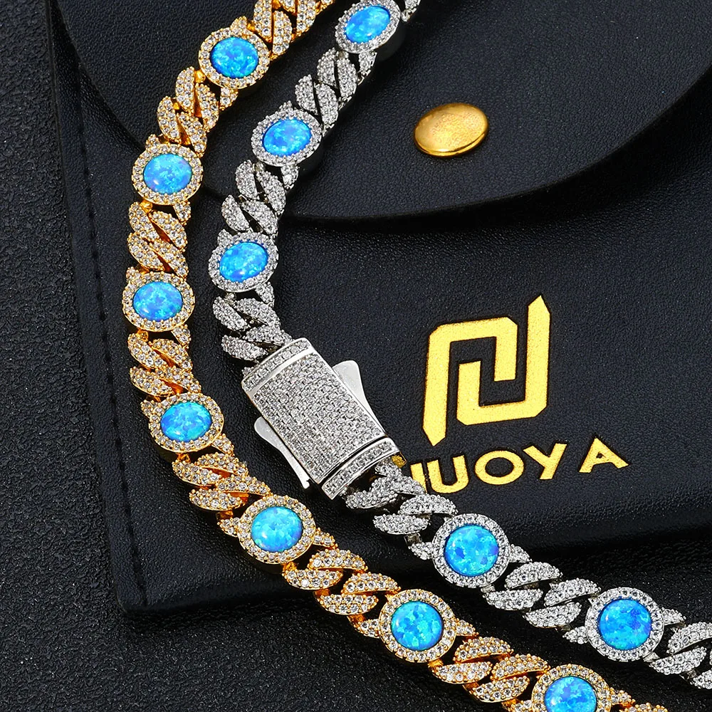 2025 Nieuwste Collectie 18 k Vergulde Kubieke Zirkoon Cubaanse Armband Sieraden Iced Out Grote Blauwe Opaal Cubaanse Ketting Armband