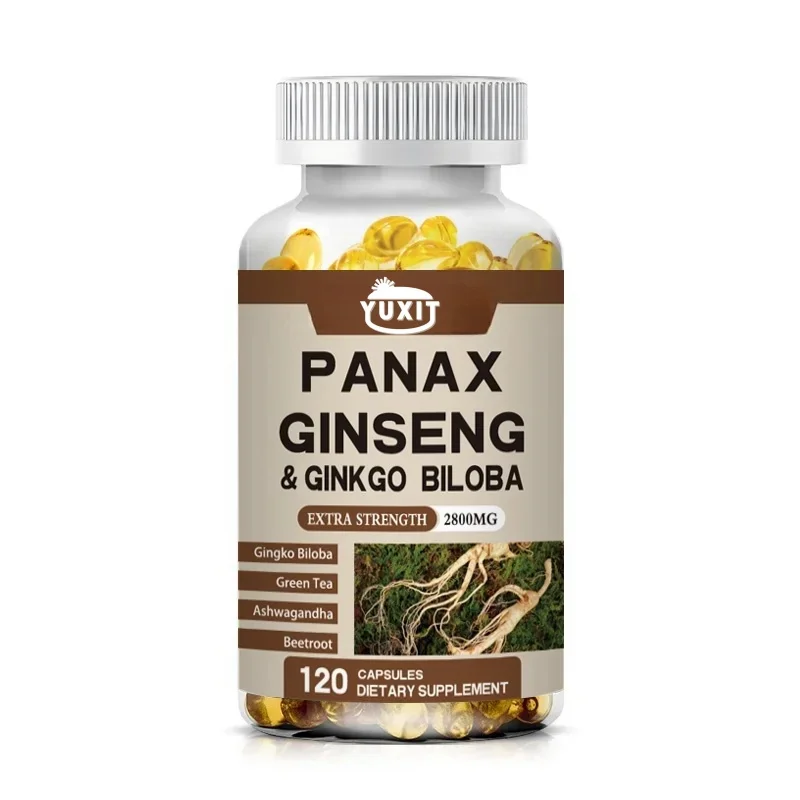 Auténticas hojas coreanas de ginseng + ginkgo biloba, 120 cápsulas vegetarianas, 2800 miligramos de energía masculina y femenina