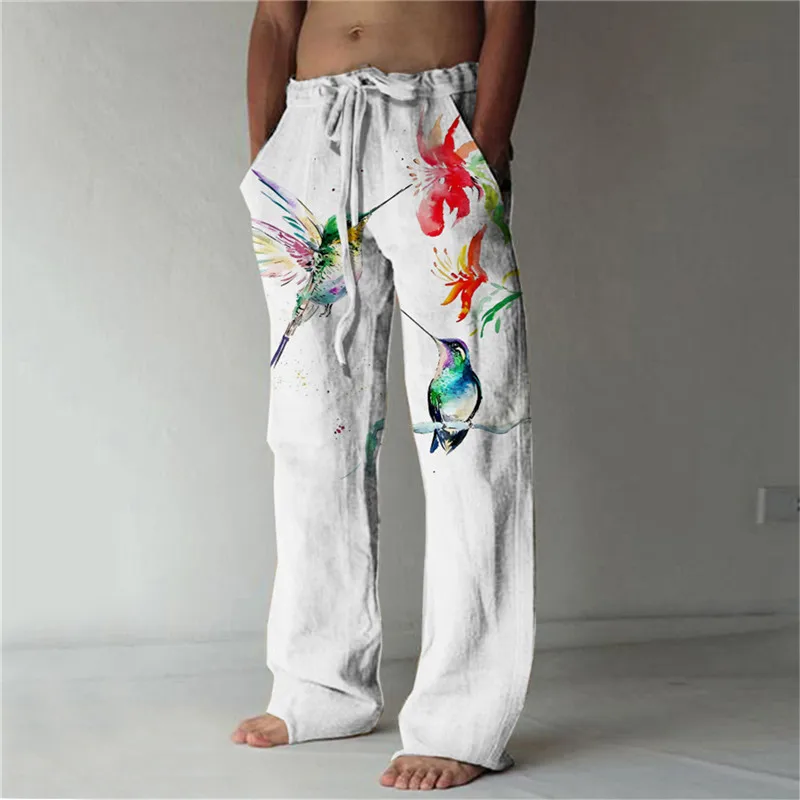 New Summer Men's Simple Casual Wide Leg Pants 3D Printed Fashion Wide Leg Pants Hawaii Loose Beach Pants