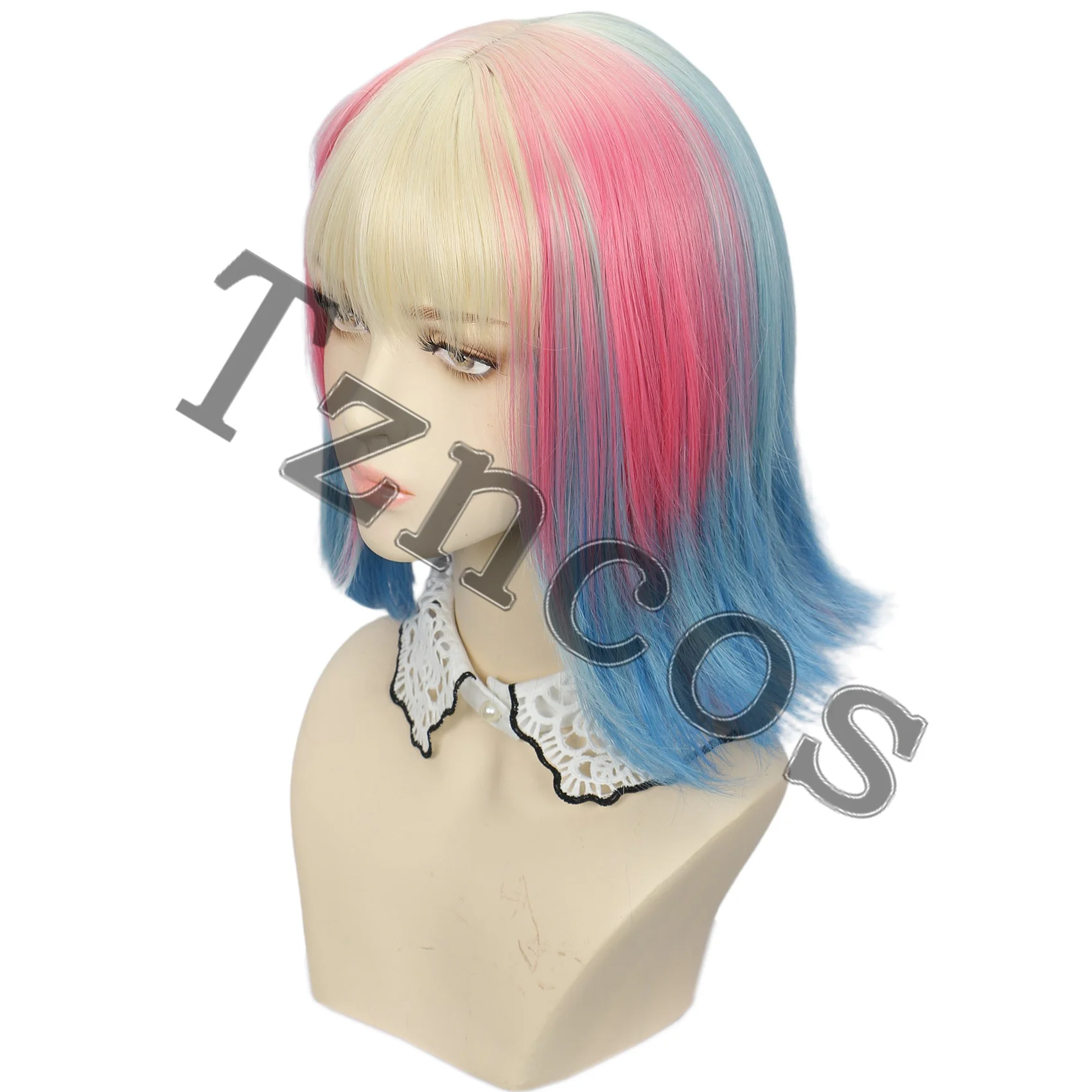 Tzncos レディース ショートボブ カーリー ゴールドミックス パウダーブルー グラデーションウィッグ ヘアクリップ2個付き ハロウィンコスチューム ロールプレイに最適