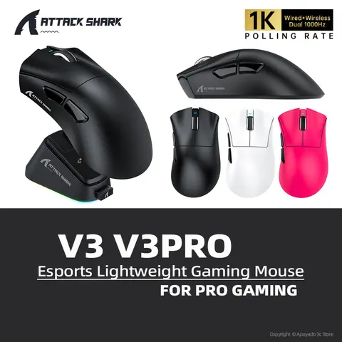 Attack Shark V3 V3PRO Esports Mouse Wireless 1K Hz PAW3311 400IPS 40G 25000DPI,65g Right-Hand Ergonomic OMRON 100M Switches