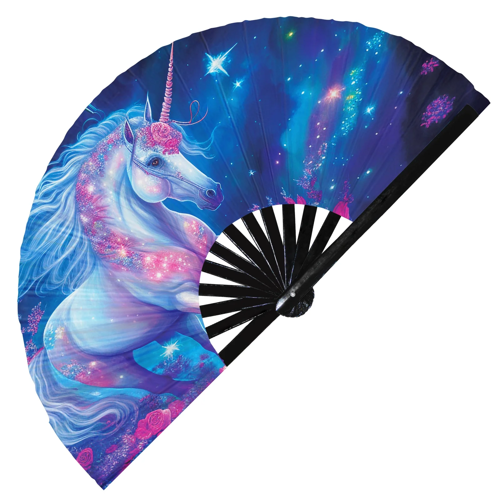 Unicorn Psychedelic Folding Hand Fan Large Rave Fans for Line Dancing Clap Fan for Party,Decoration,Festival,Kungfu,Disco,Neon