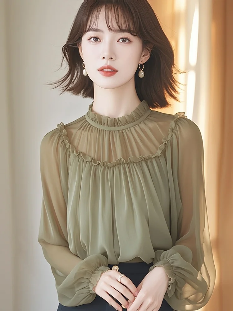 ربيع الخريف جولة الرقبة طويلة الأكمام الفرنسية فضفاض الشيفون قميص رمادي أخضر فضفاض البلوز أنيقة أعلى طويلة الأكمام قميص المرأة #3