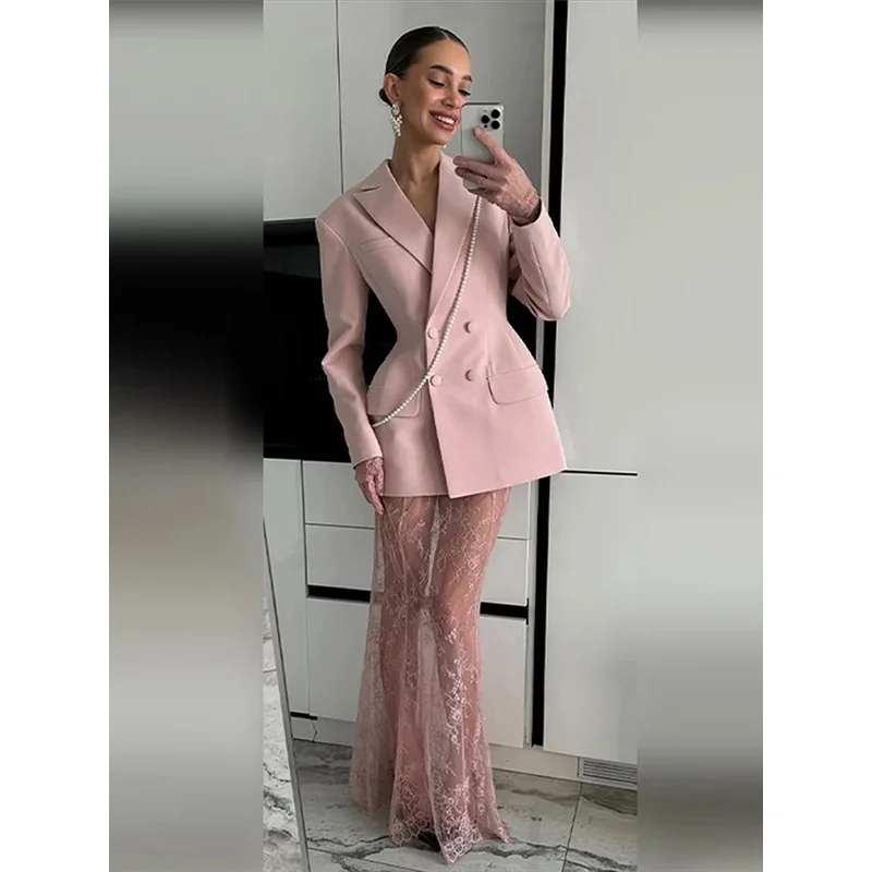 Elegant Blazer Skirt Sets Women Double Breasted Slim Waist Jacket Lace See Through Long Skirt Suit 2026 Autumn Party Gown Outfit