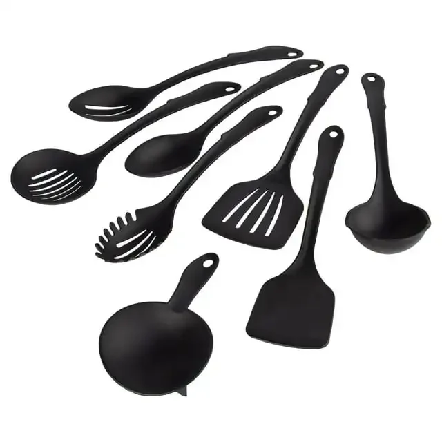 Set di utensili da cucina in Nylon da 8 pezzi con anello connettore, Set di utensili da cucina in plastica nera