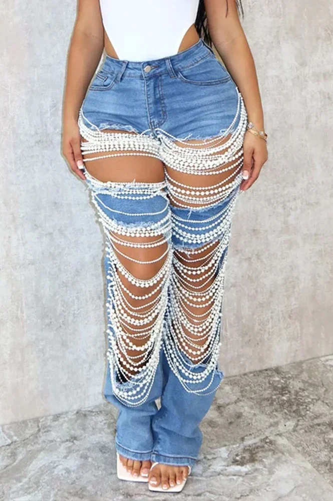 Ripped Jeans for Women denim pant Straight Pants Diamonds Chain Stretch Distressed Floor Length  Streetwear Denim Trousers