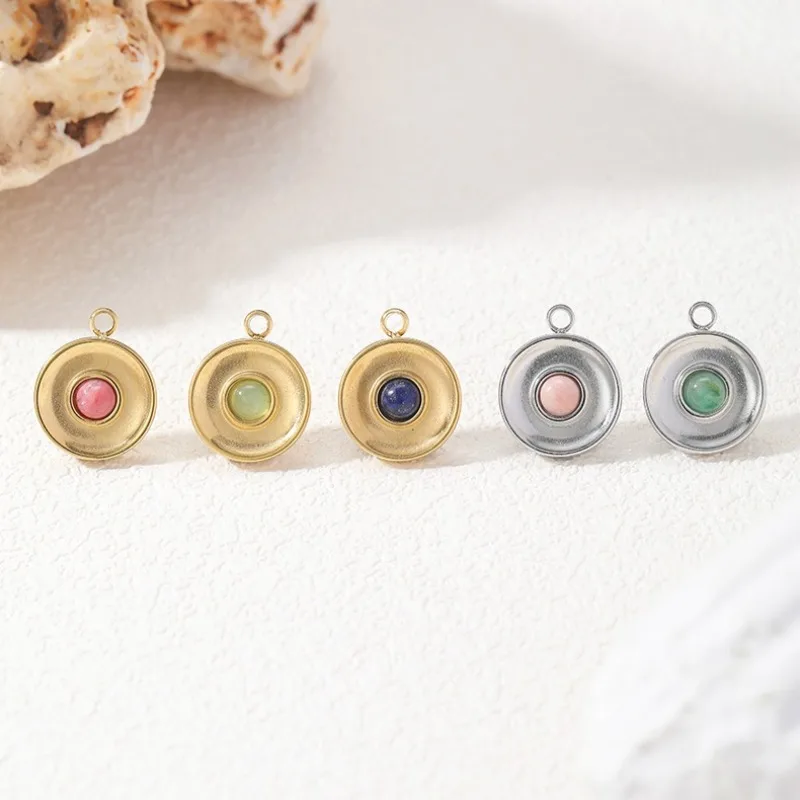 6pcs Mini Stone Cabochon Pendant Double Groove Disc 14K Gold Silver Stainless Steel Charm for DIY Jewelry Making 12.6mm