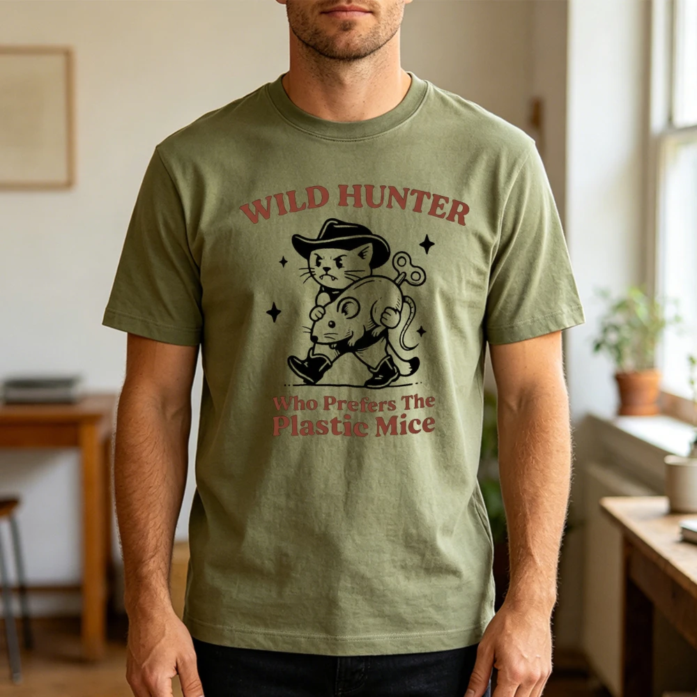 Wild Hunter Cat With Cowboy Hat Holding Plastic Mouse Cartoon Graphic Tee Men Fun Short Sleeve T Shirt Creative Art Design Top