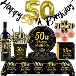 50th Birthday Party Supplies for Men Women Black and Gold 50 Years Old Party Paper Plates Cups Napkin Tablecloth Tableware Decor