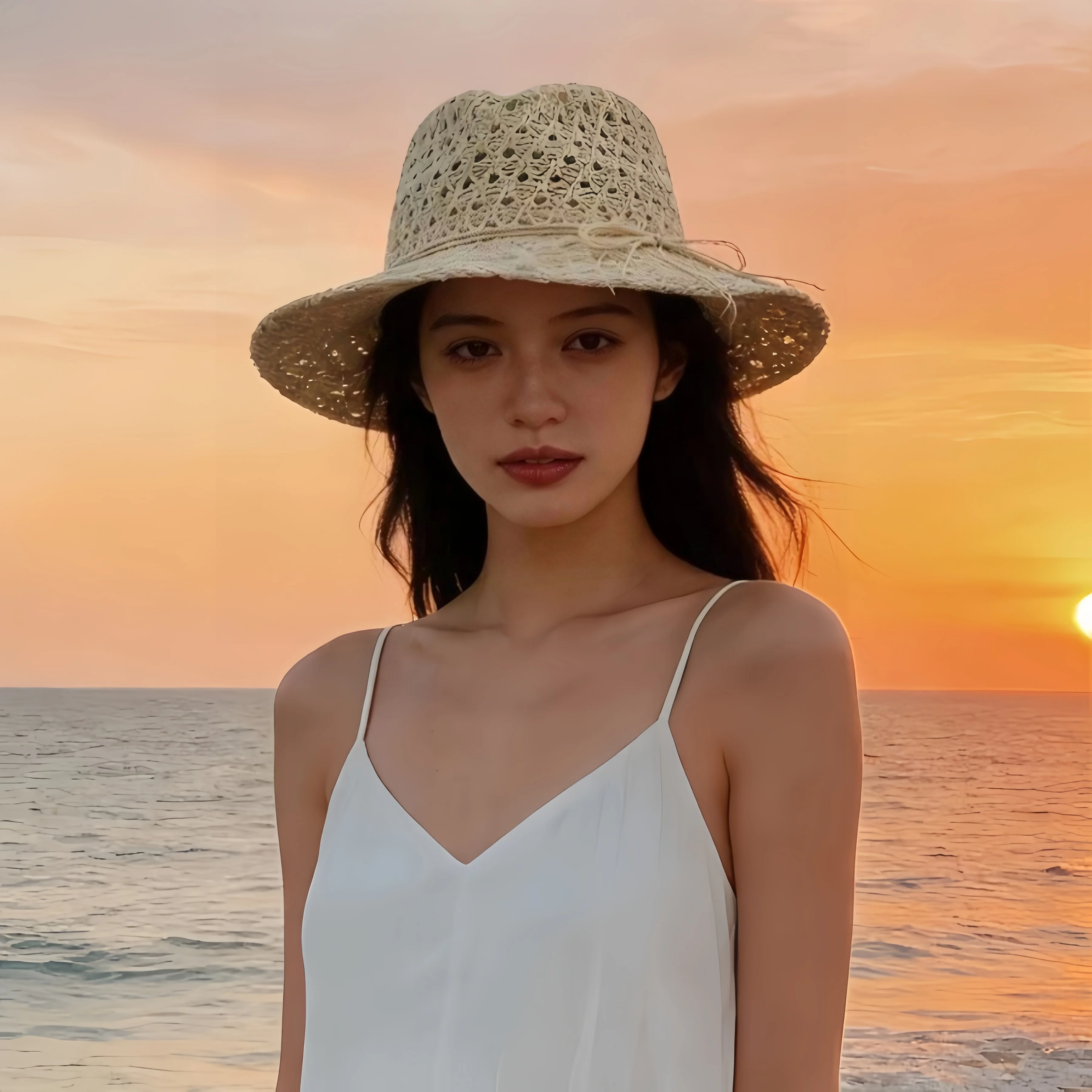 Sommer Panama-Stil Einfacher Ausgehöhlter Damen-Sonnenschutzhut für Outdoor-Strandurlaub Vielseitiger Sonnenhut