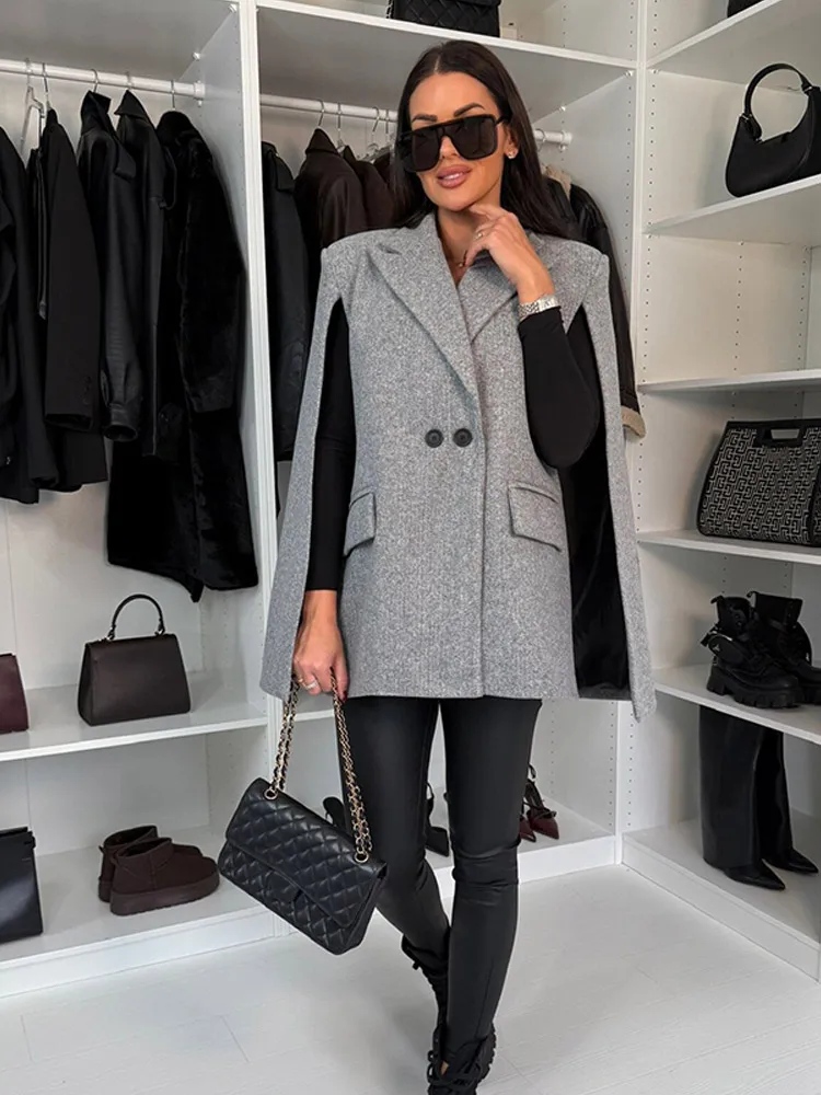 New Classic Grey Woolen Cape Suit Jacket For Women Fashion Lapel Collar Double-breasted Cloak Coat Female Commute Outwear 2024