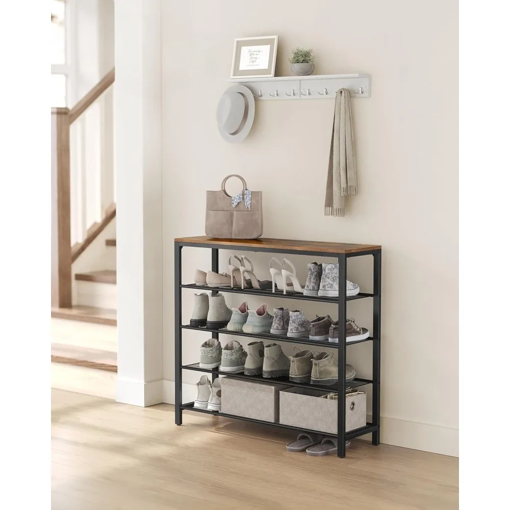 5-Tier Shoe Storage Organizer with 4 Metal Mesh Shelves for 16-20 Pairs and Large Surface for Bags, Shoes Cabinets