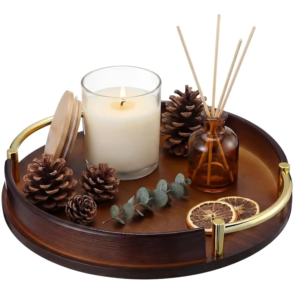

Free Shipping - 11.6 Inch Serving Tray with Handles Decorative Bamboo Tray Round Jewelry Trinket Trays for Kitchen Multipurpose