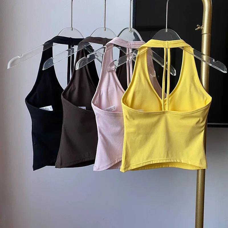 Women's Sexy V-Neck Fitness Bra Nude Sports Bra Hanging Neck Yoga Suit Vest Comfortable Breathable Gym Top for Active Wear