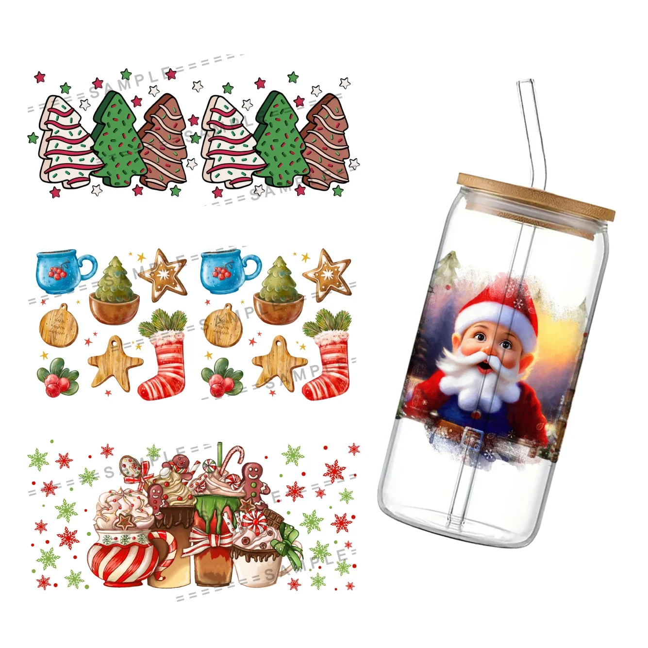 Christmas Theme UV DTF Transfers Stickers Decals For 16oz Libbey Cold Cups Mugs Tumbler Waterproof DIY Craft 16oz Christmas