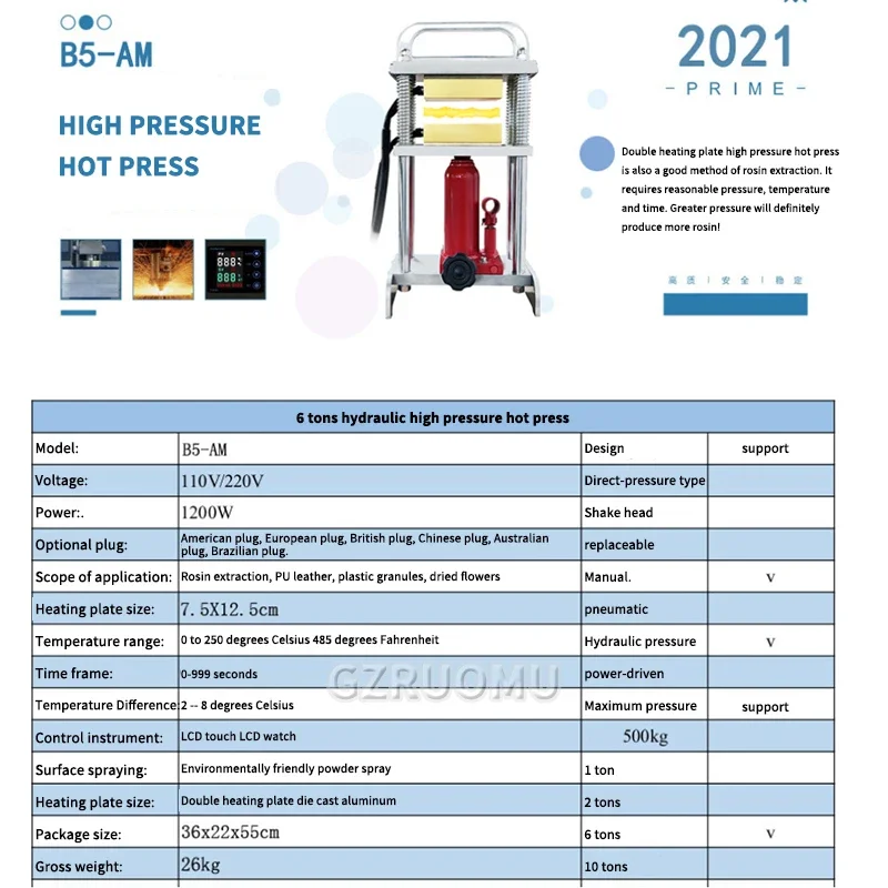 6 Tonnen hydraulische Kolophonium-Wärmepresse B5-AM mit 7,5 x 12,5 cm Heizplatte und Hydraulikpumpe, tragbares Ölwachs-Extraktionswerkzeug