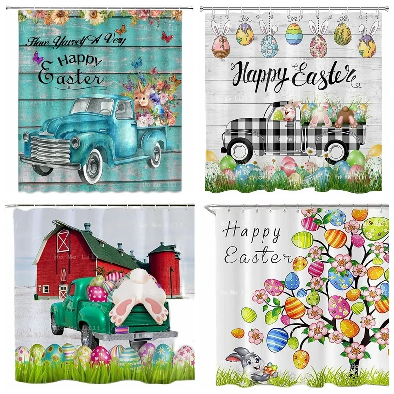 Happy Easter Bunny With Eggs On Rustic Black White Plaid Farm Truck Cartoon Watercolor Flower Spring Festival Shower Curtain