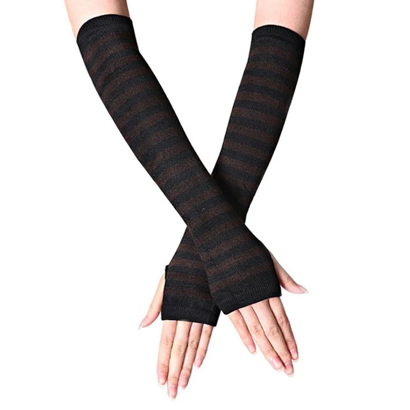 New Long Glove Arm Cover Classic Pink Black And White Striped Fingerless Elbow Gloves Warmer Knitted Wristband