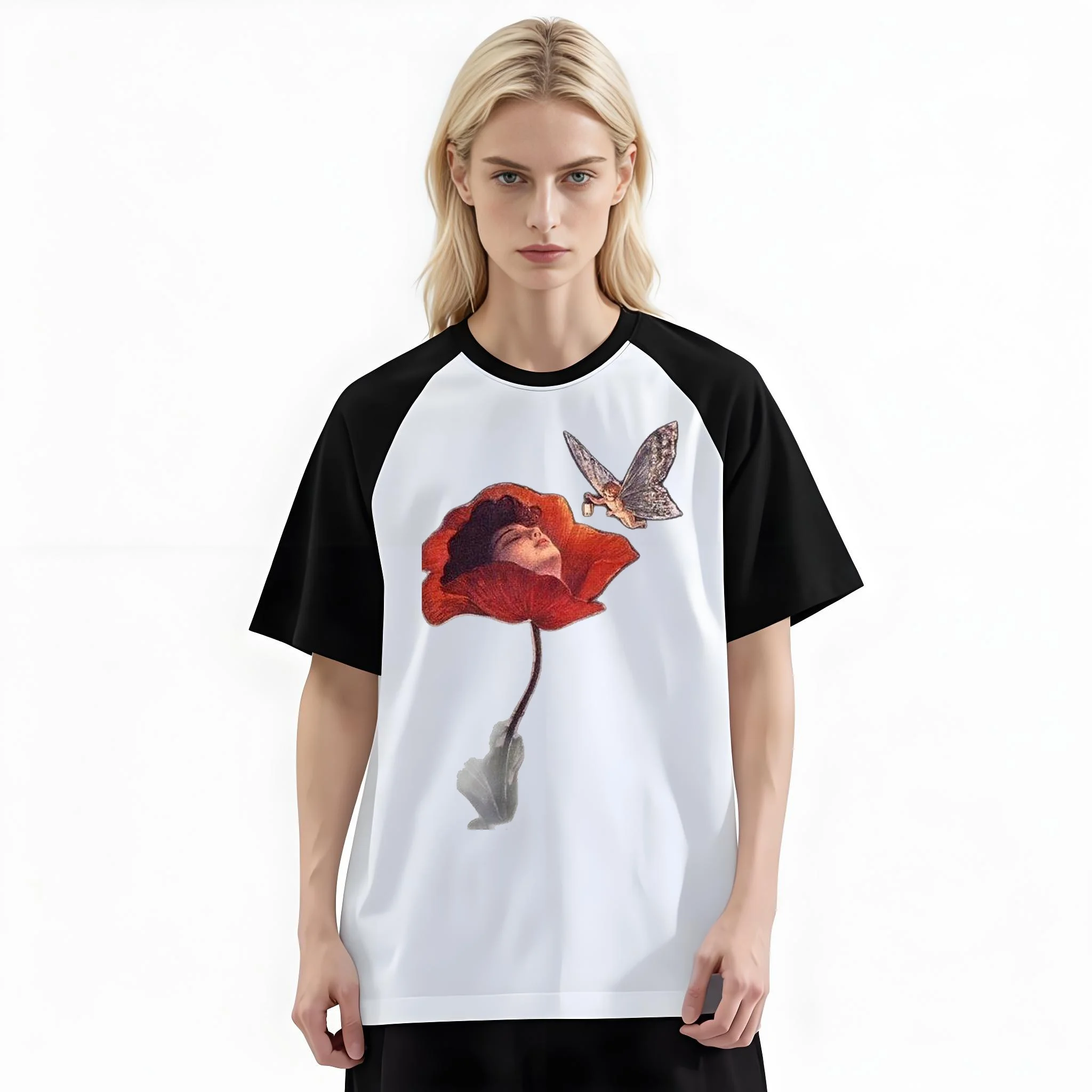 Women'S Fashion Raglan Sleeve T-Shirt, Vintage Poppy Flower Lady Face & Butterfly Fairy Printed, Summer Casual Comfortable Tee, Women'S Everyday Short-Sleeve Top