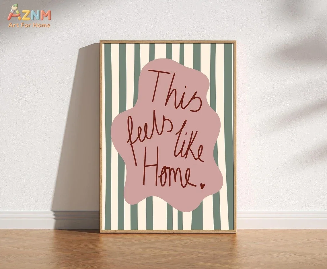 AZNM This Feels Like Home Quote Canvas Wall Art Green Striped Minimalist Abstract Text Poster Living Room Unframed Painting