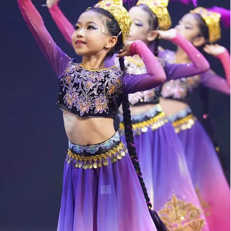 

Китайский детский танцевальный костюм Синьцзяна, комплект с большой юбкой