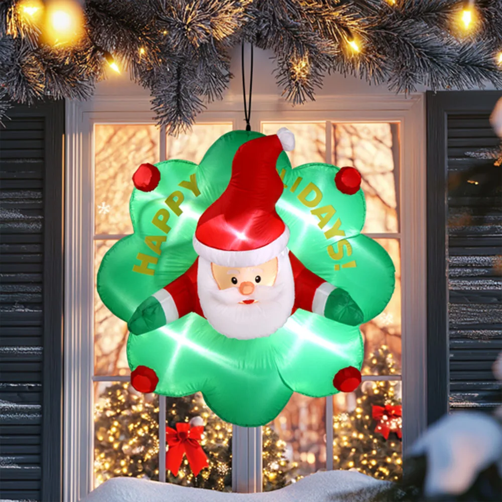 4 FT Lighted Christmas Inflatable Santa with Wreath Broke Out from Window, Large Blow Up Hanging Inflatable Decoration
