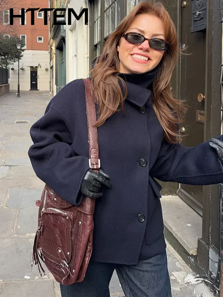 Solide Wollmäntel für Damen, lässig, Stehkragen, einreihig, lange Ärmel, Tasche, lockerer Mantel, 2025, Winter, Frühling, schicke Dame-Outwear