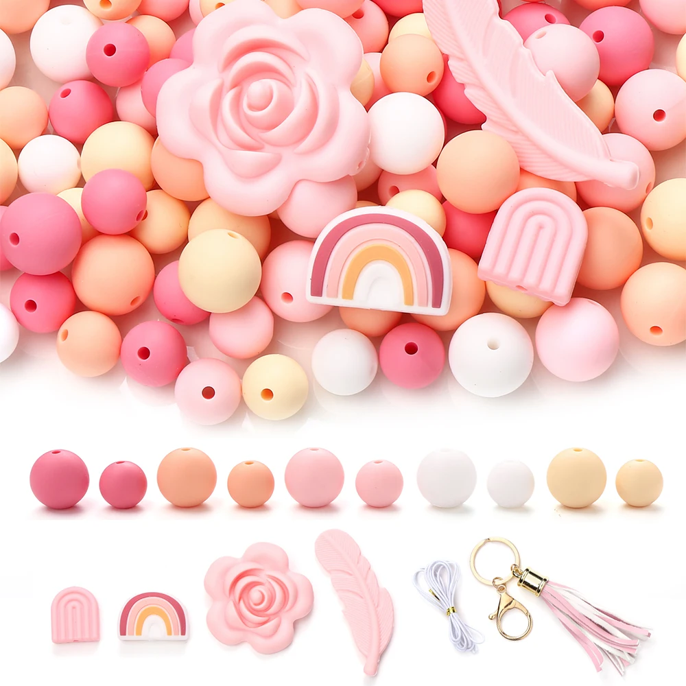 104Pcs Round Silicone Beads Baby Rainbow Rose Feathers Teether Set for Diy Pacifier Clips Chain Jewelry Making Necklace Teether