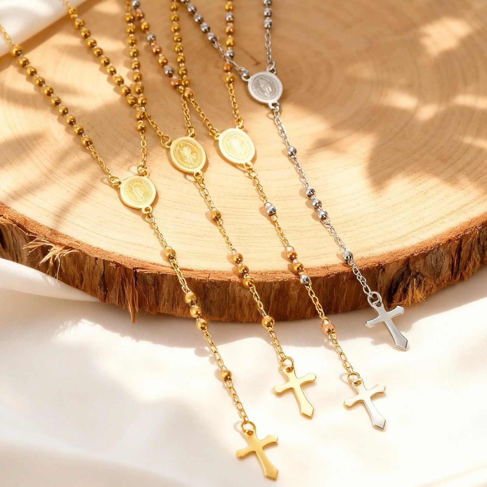 Rosário virgem cruz gota em forma de y colar para mulher, link de aço inoxidável grânulo corrente colares de oração, jóias mary
