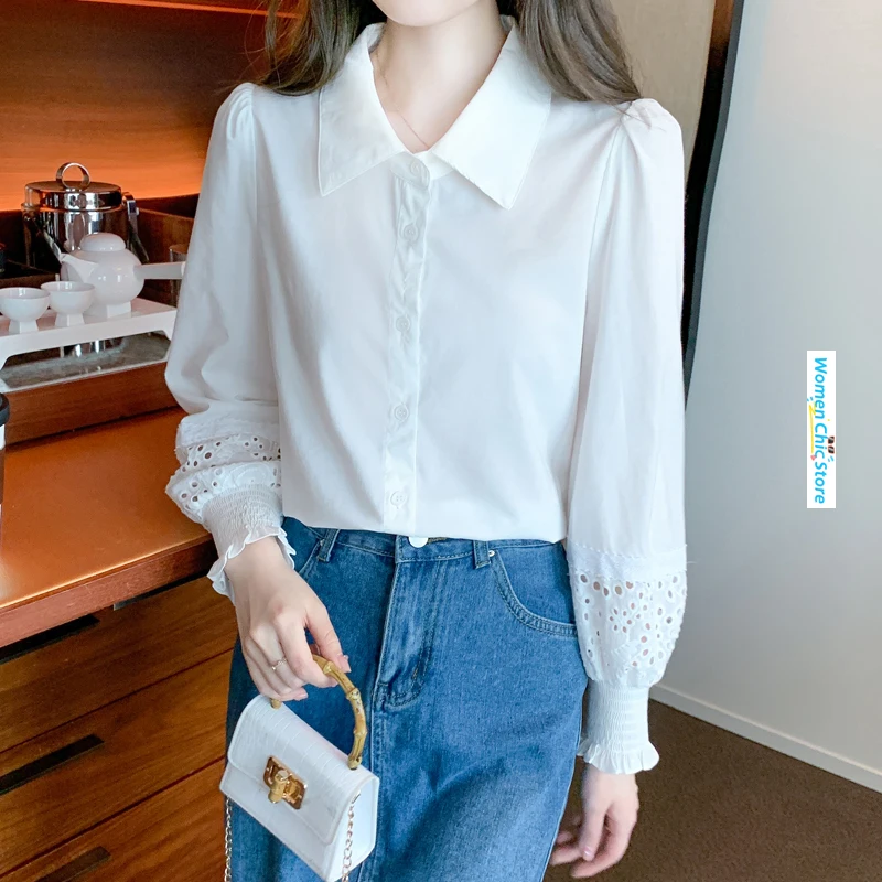 

Women Tops Lace Spliced Lantern Long Sleeve Lapel White Dress Shirt Spring Autumn Office Lady Elegant Slim Blouse Camisas 7527