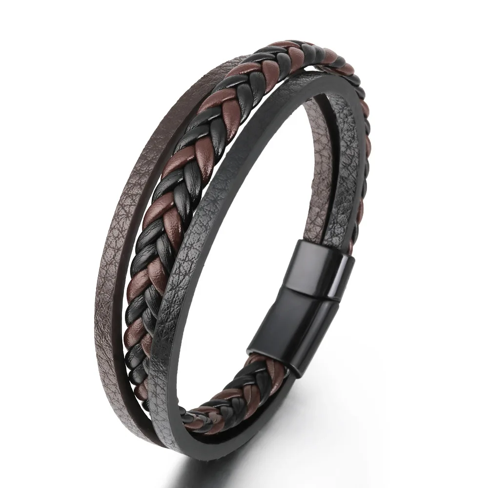 Leather Bracelet For Men New Retro Leather Rope Woven Bracelets National Style Magnetic Buckle Personality Leather Bracelets