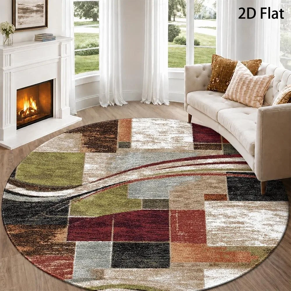 Teal Orange Brush Stroke Abstract Round Rug Modern Watercolor Layered Paint Texture Print Circular Floor Mat for Living Room